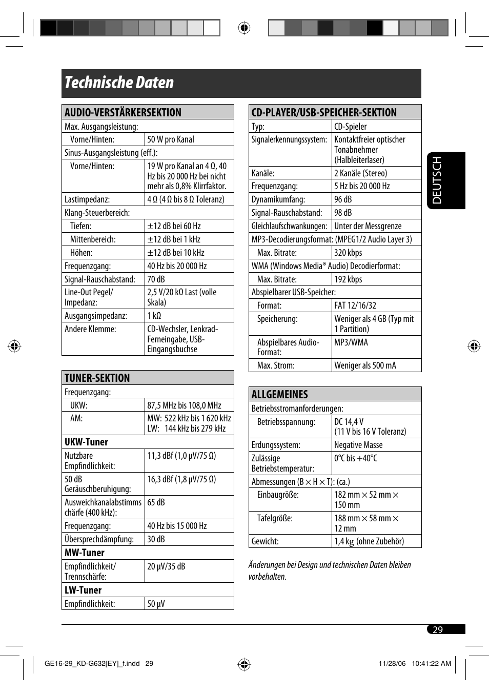 Technische daten, Deutsch, Audio-verstärkersektion | Tuner-sektion, Cd-player/usb-speicher-sektion, Allgemeines | JVC KD-G631 User Manual | Page 57 / 86