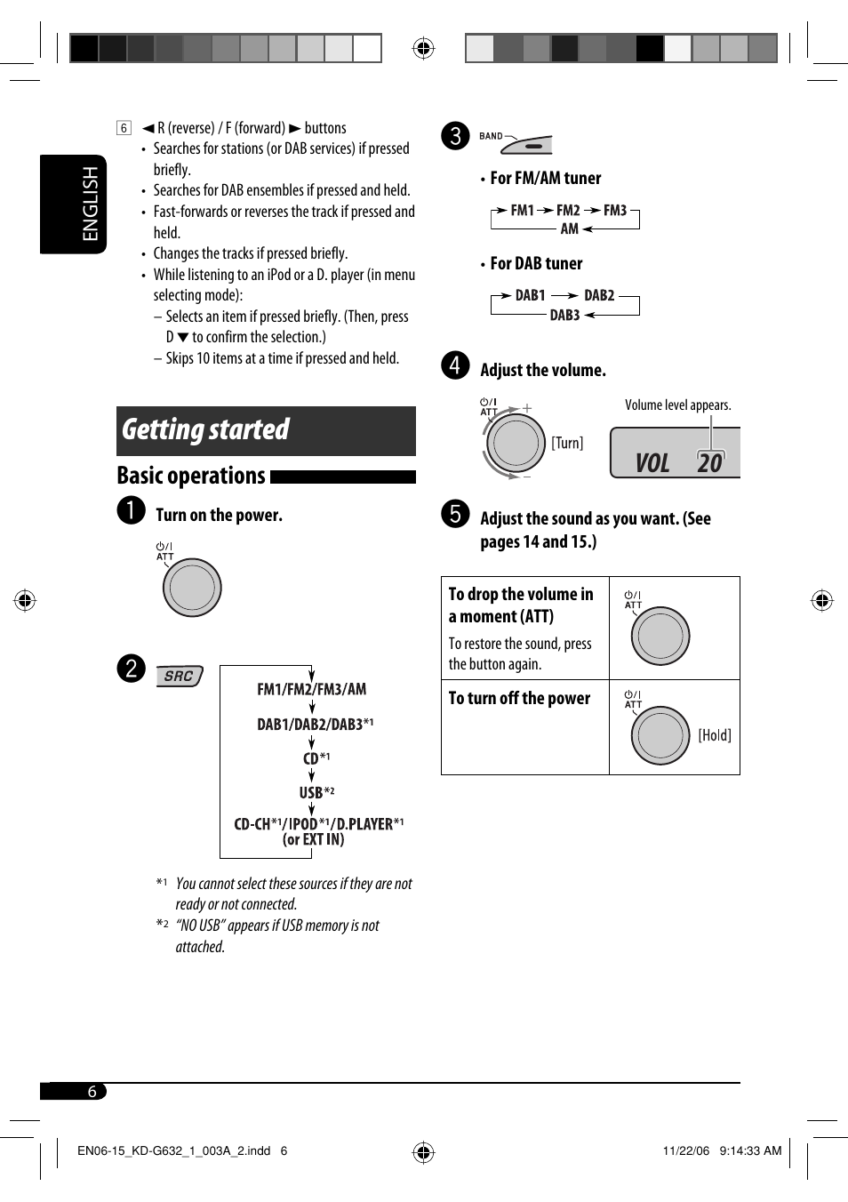 Getting started, Vol 20, Basic operations | JVC KD-G631 User Manual | Page 6 / 86