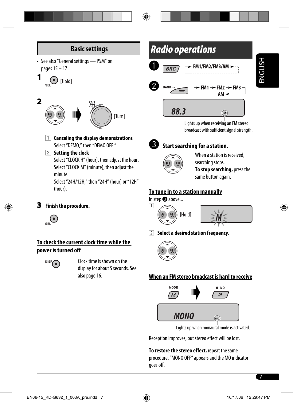 Radio operations, Mono, Basic settings | JVC KD-G631 User Manual | Page 7 / 86