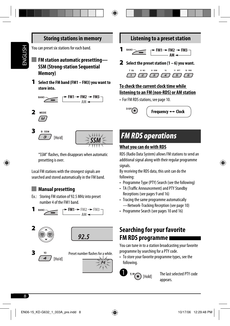 Fm rds operations, Ssm 92.5, Searching for your favorite fm rds programme | Listening to a preset station | JVC KD-G631 User Manual | Page 8 / 86