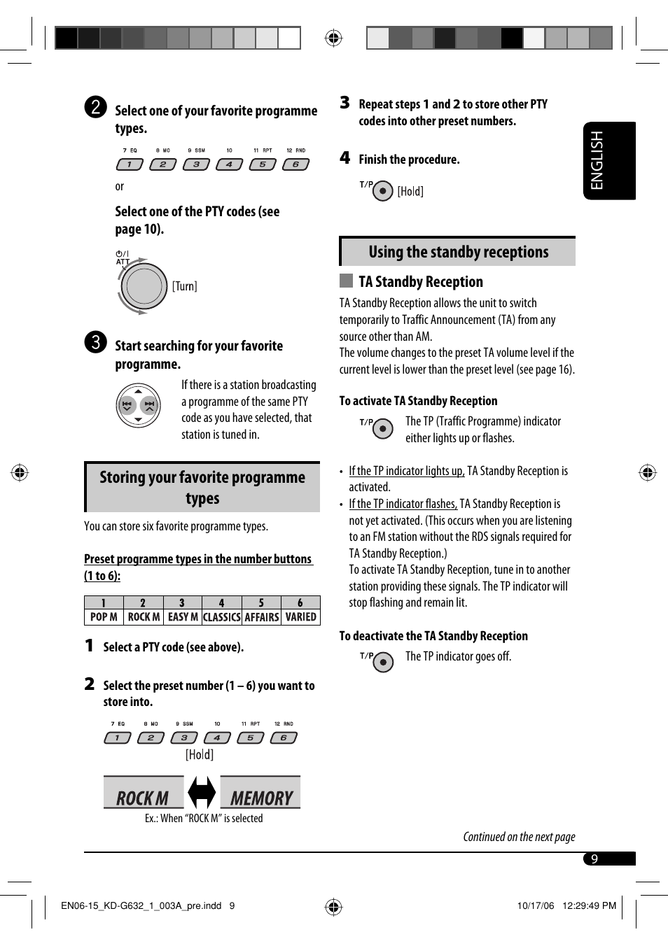 Storing your favorite programme types, Using the standby receptions | JVC KD-G631 User Manual | Page 9 / 86
