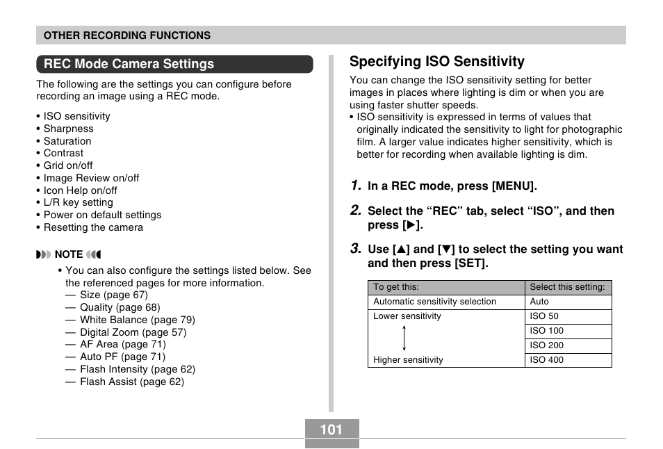 Rec mode camera settings, Specifying iso sensitivity | Casio EX-Z57 User Manual | Page 101 / 214