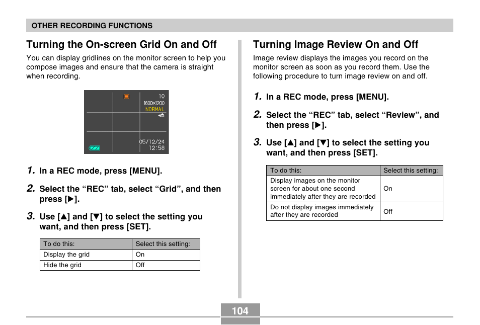 Turning the on-screen grid on and off, Turning image review on and off | Casio EX-Z57 User Manual | Page 104 / 214
