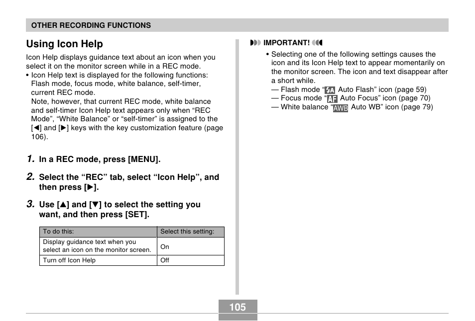Using icon help | Casio EX-Z57 User Manual | Page 105 / 214