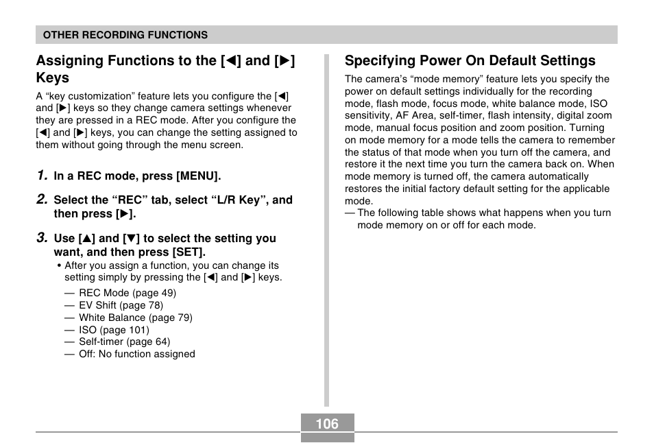 Assigning functions to the [<] and [>] keys, Specifying power on default settings, Assigning functions to the [ ̇ ] and [ ̈ ] keys | Casio EX-Z57 User Manual | Page 106 / 214