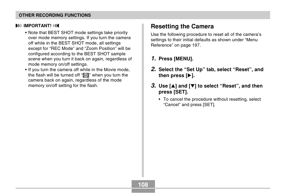 Resetting the camera | Casio EX-Z57 User Manual | Page 108 / 214