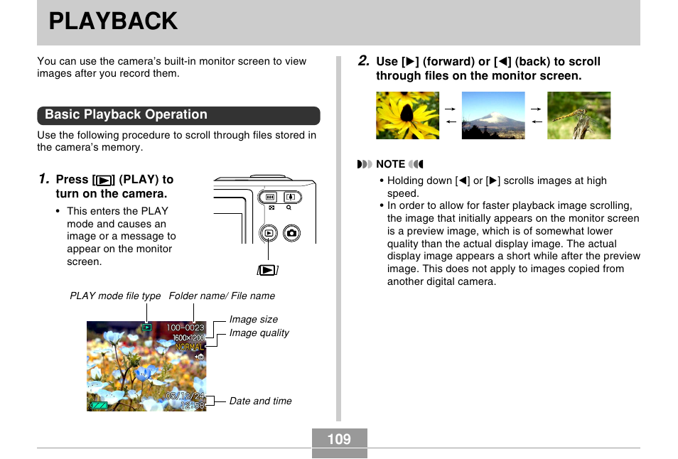 Playback, Basic playback operation | Casio EX-Z57 User Manual | Page 109 / 214