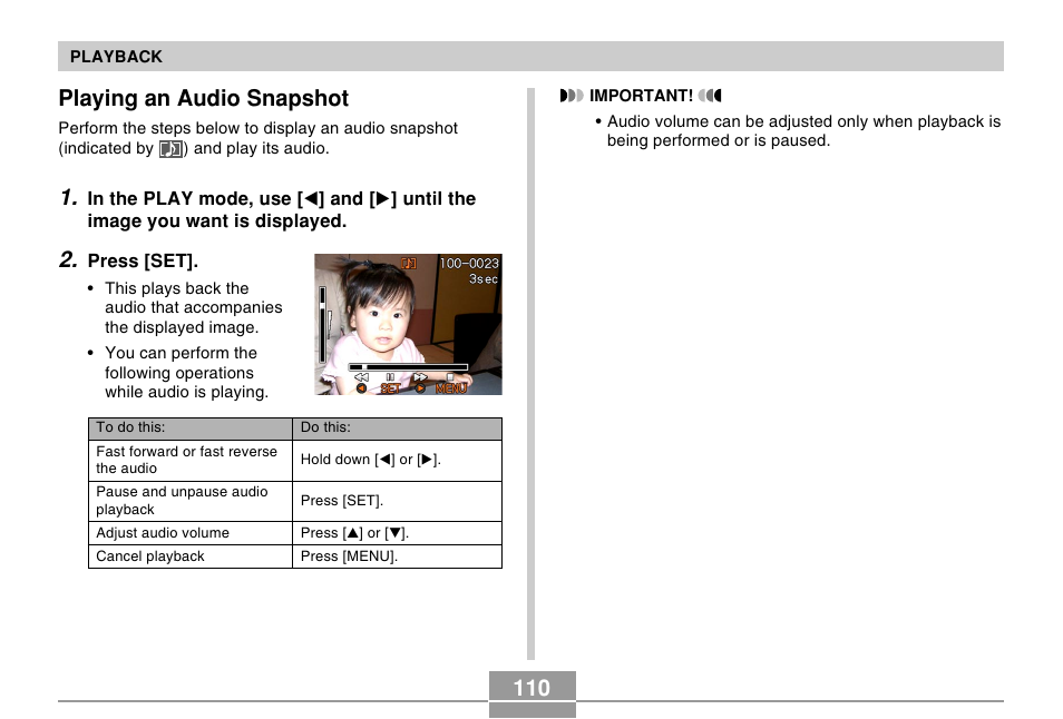 Playing an audio snapshot | Casio EX-Z57 User Manual | Page 110 / 214