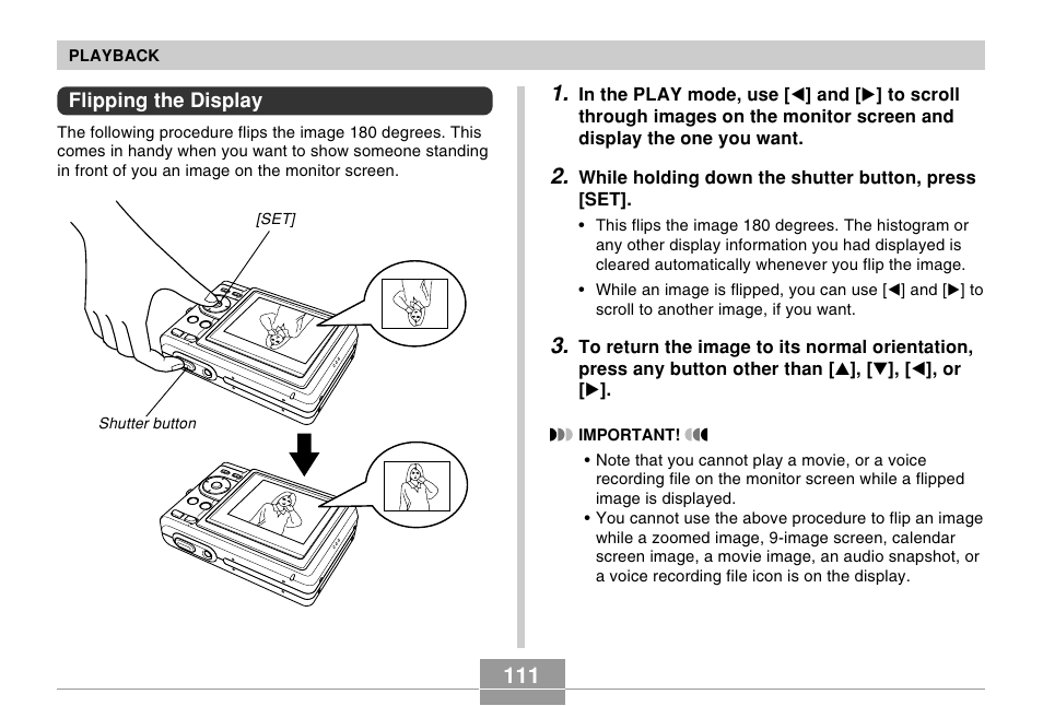 Flipping the display | Casio EX-Z57 User Manual | Page 111 / 214