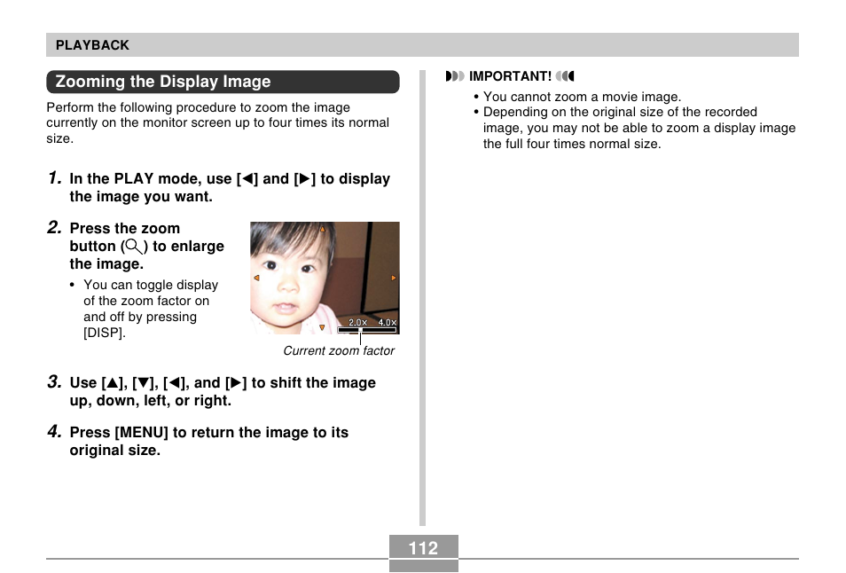 Zooming the display image | Casio EX-Z57 User Manual | Page 112 / 214