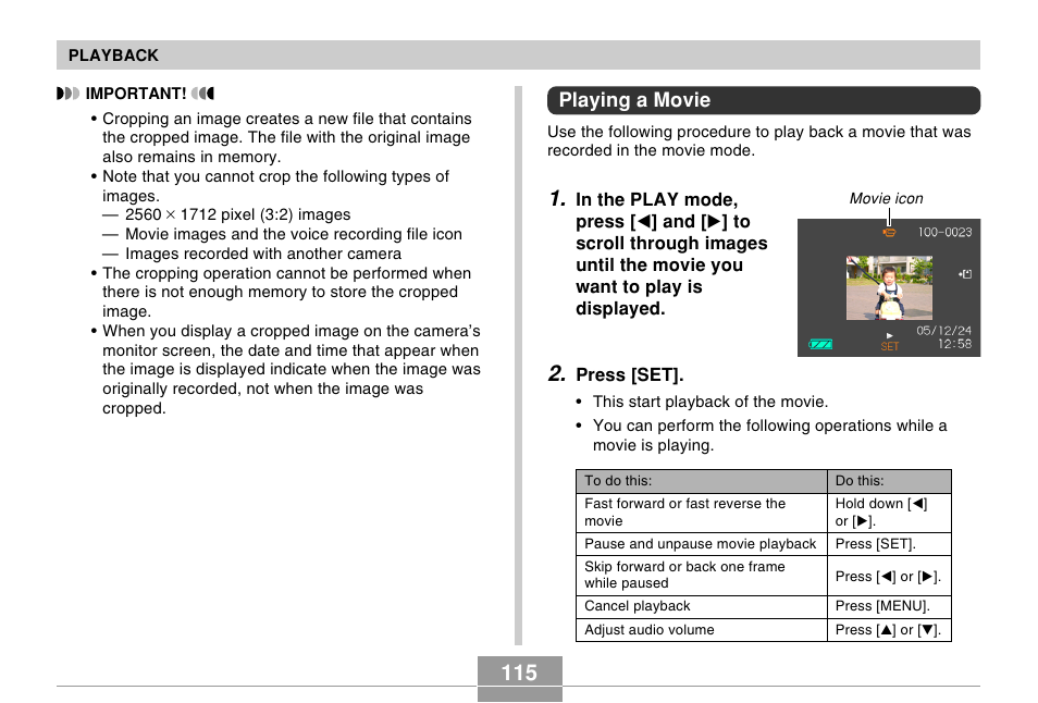 Playing a movie | Casio EX-Z57 User Manual | Page 115 / 214