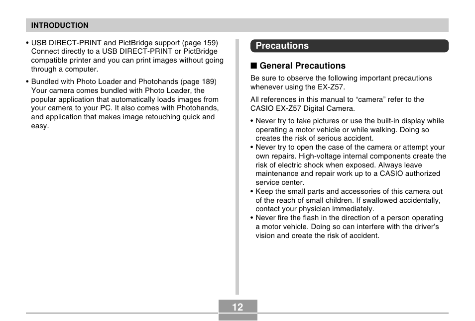 Precautions | Casio EX-Z57 User Manual | Page 12 / 214