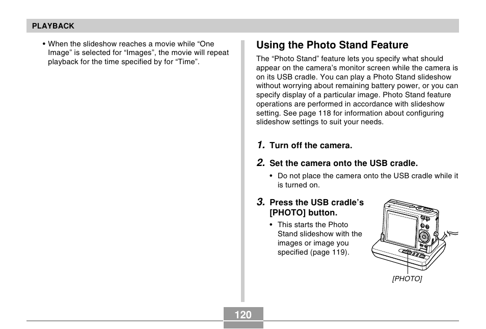 Using the photo stand feature | Casio EX-Z57 User Manual | Page 120 / 214