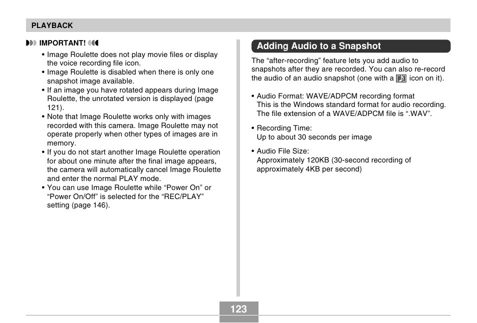 Adding audio to a snapshot | Casio EX-Z57 User Manual | Page 123 / 214