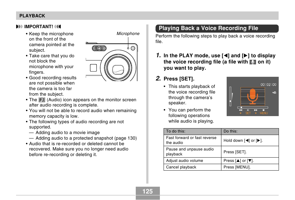 Playing back a voice recording file | Casio EX-Z57 User Manual | Page 125 / 214