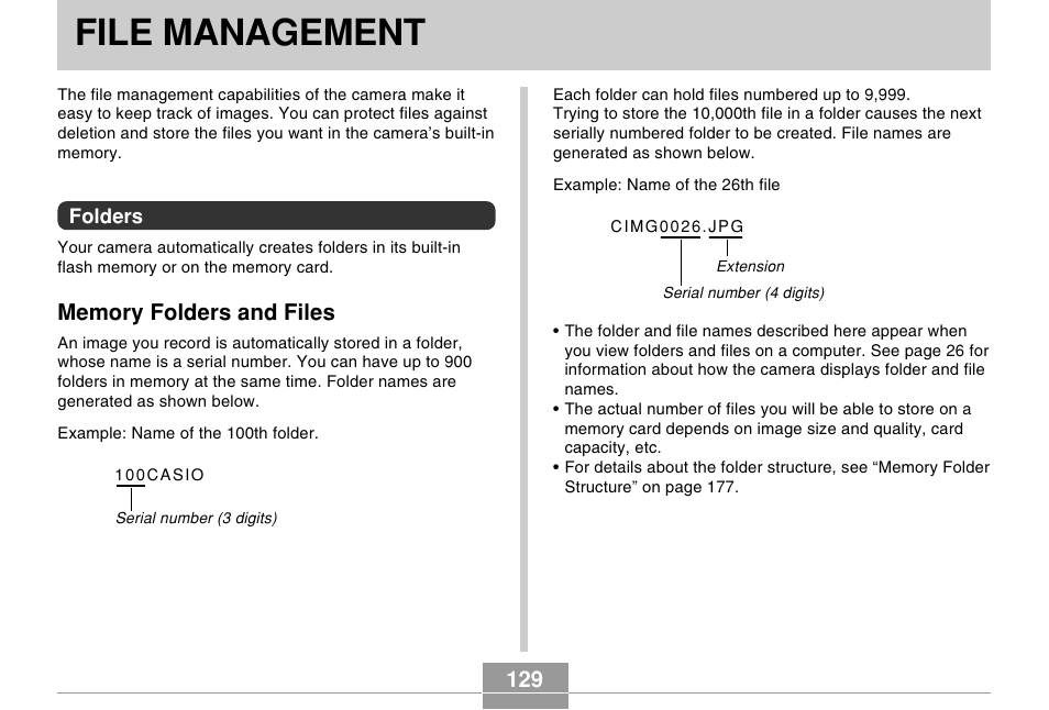 File management, Folders, Memory folders and files | Casio EX-Z57 User Manual | Page 129 / 214