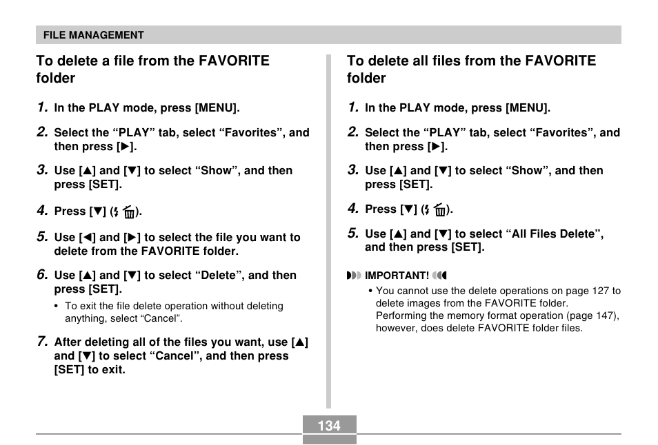 To delete a file from the favorite folder, To delete all files from the favorite folder | Casio EX-Z57 User Manual | Page 134 / 214