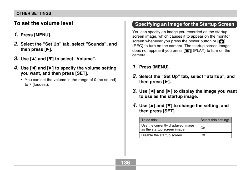 To set the volume level, Specifying an image for the startup screen | Casio EX-Z57 User Manual | Page 136 / 214