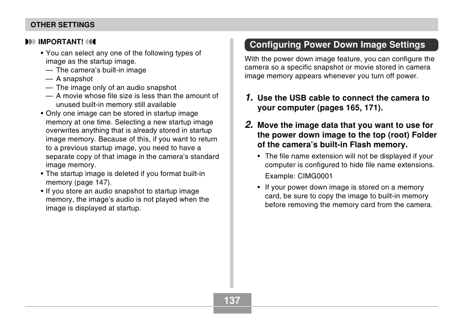 Configuring power down image settings | Casio EX-Z57 User Manual | Page 137 / 214