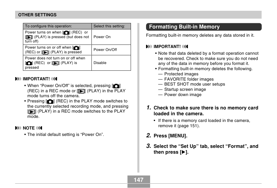 Formatting built-in memory | Casio EX-Z57 User Manual | Page 147 / 214