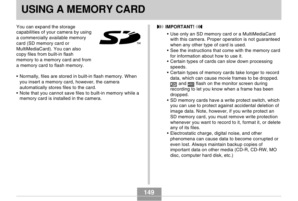 Using a memory card | Casio EX-Z57 User Manual | Page 149 / 214