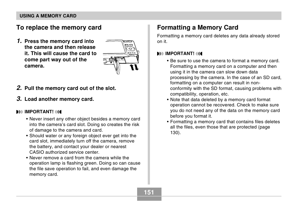 To replace the memory card, Formatting a memory card | Casio EX-Z57 User Manual | Page 151 / 214