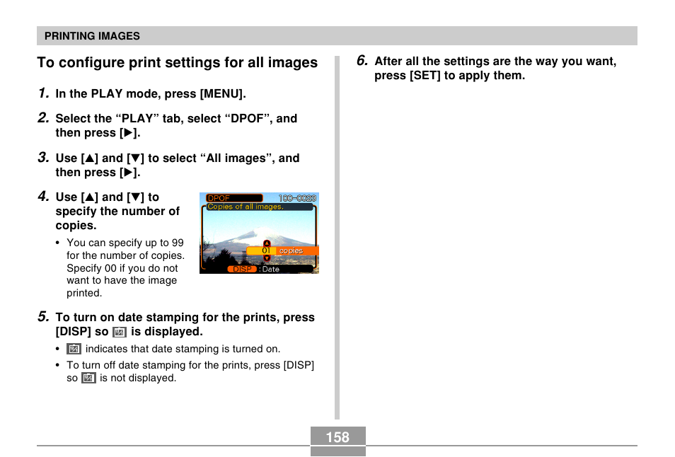 To configure print settings for all images, 158 to configure print settings for all images 1 | Casio EX-Z57 User Manual | Page 158 / 214