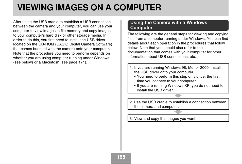 Viewing images on a computer, Using the camera with a windows computer | Casio EX-Z57 User Manual | Page 165 / 214