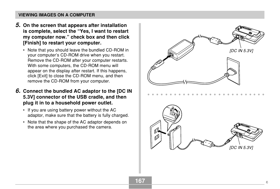 Viewing images on a computer, Dc in 5.3v | Casio EX-Z57 User Manual | Page 167 / 214