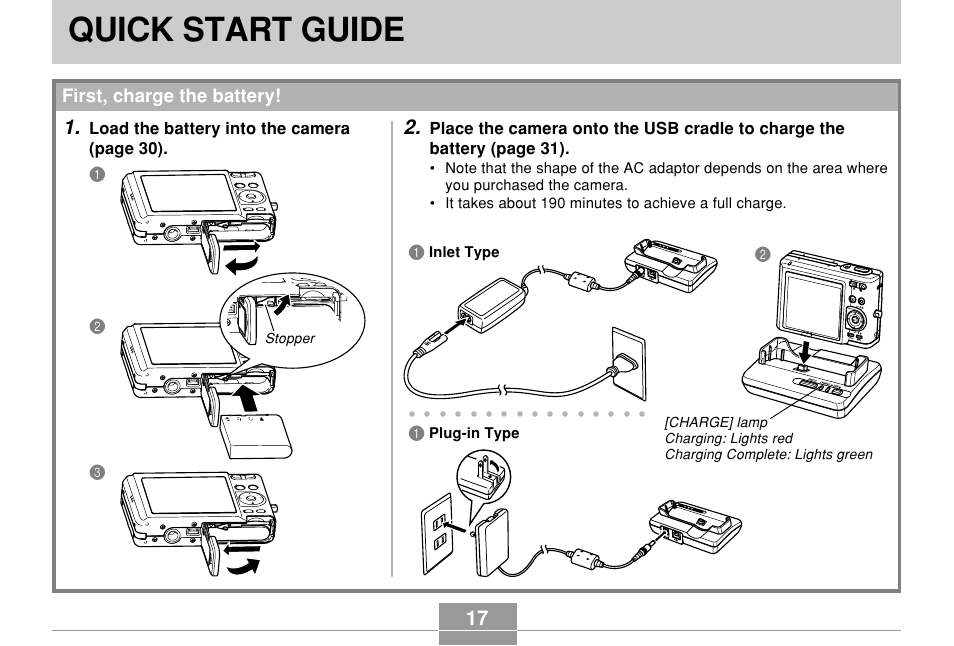 Quick start guide, First, charge the battery, Load the battery into the camera (page 30) | Casio EX-Z57 User Manual | Page 17 / 214