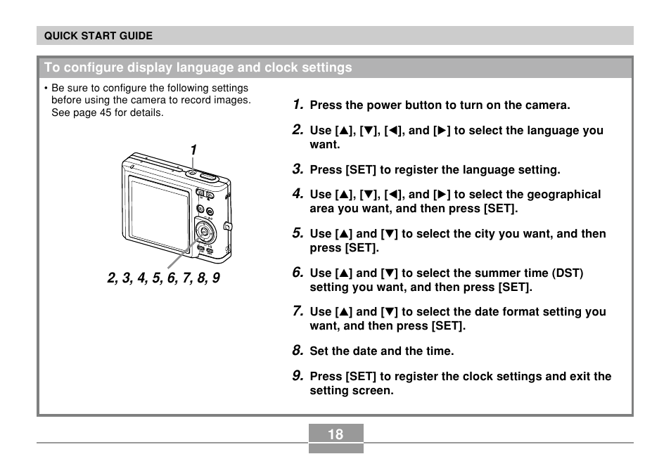 To configure display language and clock settings | Casio EX-Z57 User Manual | Page 18 / 214