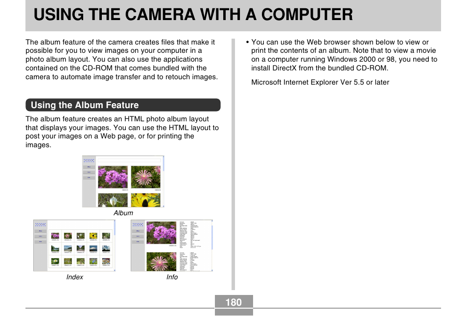 Using the camera with a computer, Using the album feature | Casio EX-Z57 User Manual | Page 180 / 214