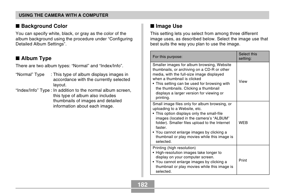 Background color, Album type, Image use | Casio EX-Z57 User Manual | Page 182 / 214