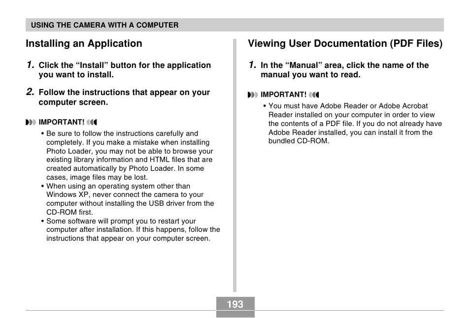 Installing an application, Viewing user documentation (pdf files), 193 installing an application 1 | Viewing user documentation (pdf files) 1 | Casio EX-Z57 User Manual | Page 193 / 214
