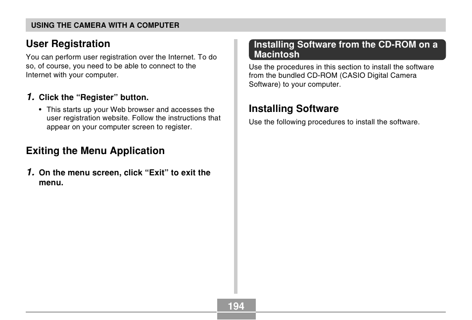 User registration, Exiting the menu application, Installing software from the cd-rom on a macintosh | Installing software | Casio EX-Z57 User Manual | Page 194 / 214