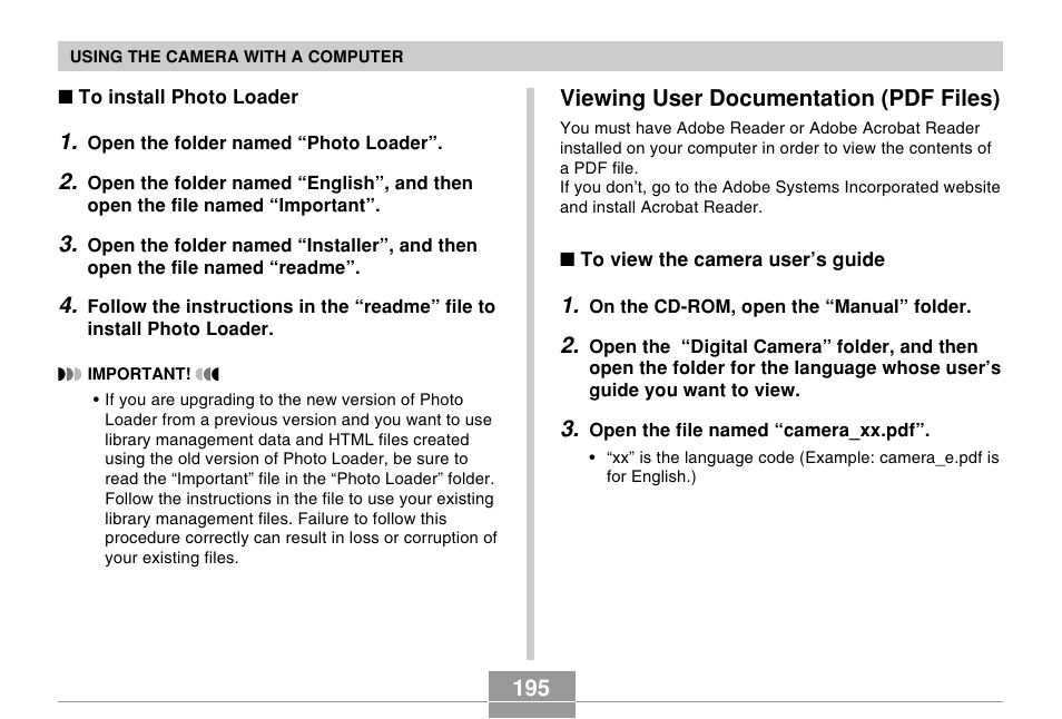Viewing user documentation (pdf files) | Casio EX-Z57 User Manual | Page 195 / 214