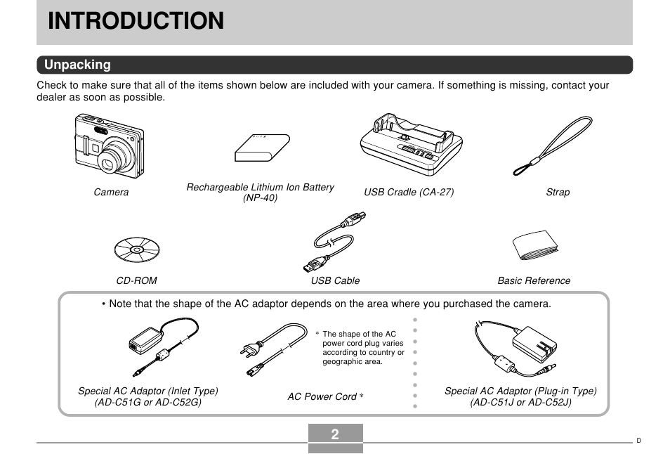 Introduction, Unpacking | Casio EX-Z57 User Manual | Page 2 / 214