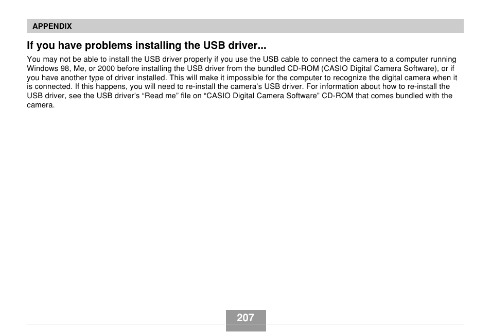 If you have problems installing the usb driver | Casio EX-Z57 User Manual | Page 207 / 214