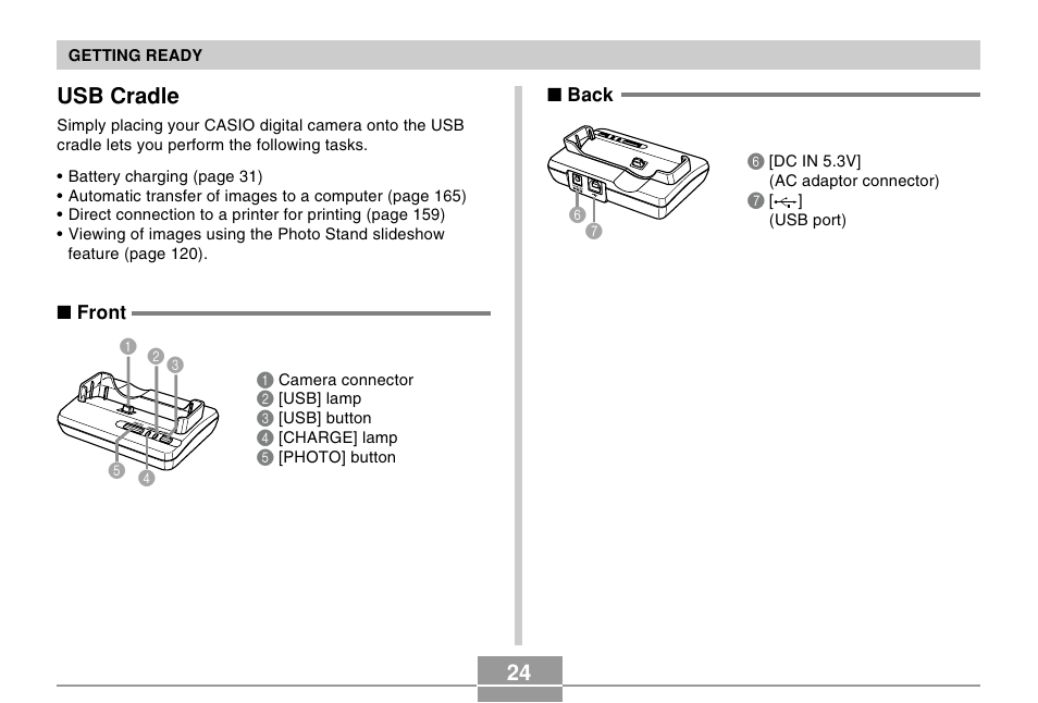 Usb cradle, 24 usb cradle | Casio EX-Z57 User Manual | Page 24 / 214