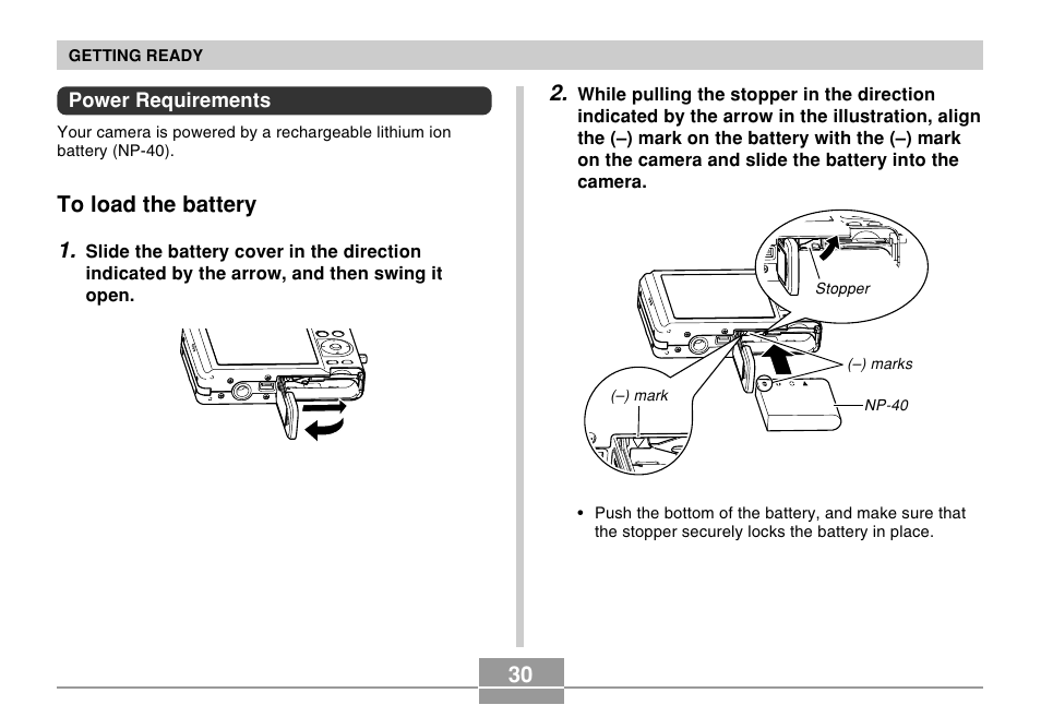 Power requirements, To load the battery | Casio EX-Z57 User Manual | Page 30 / 214