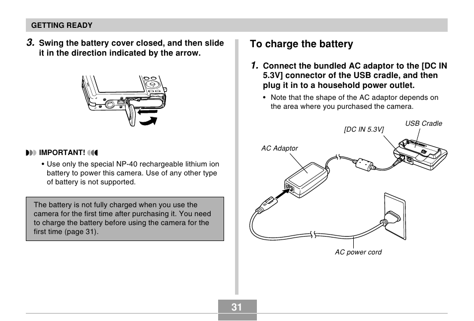 To charge the battery | Casio EX-Z57 User Manual | Page 31 / 214