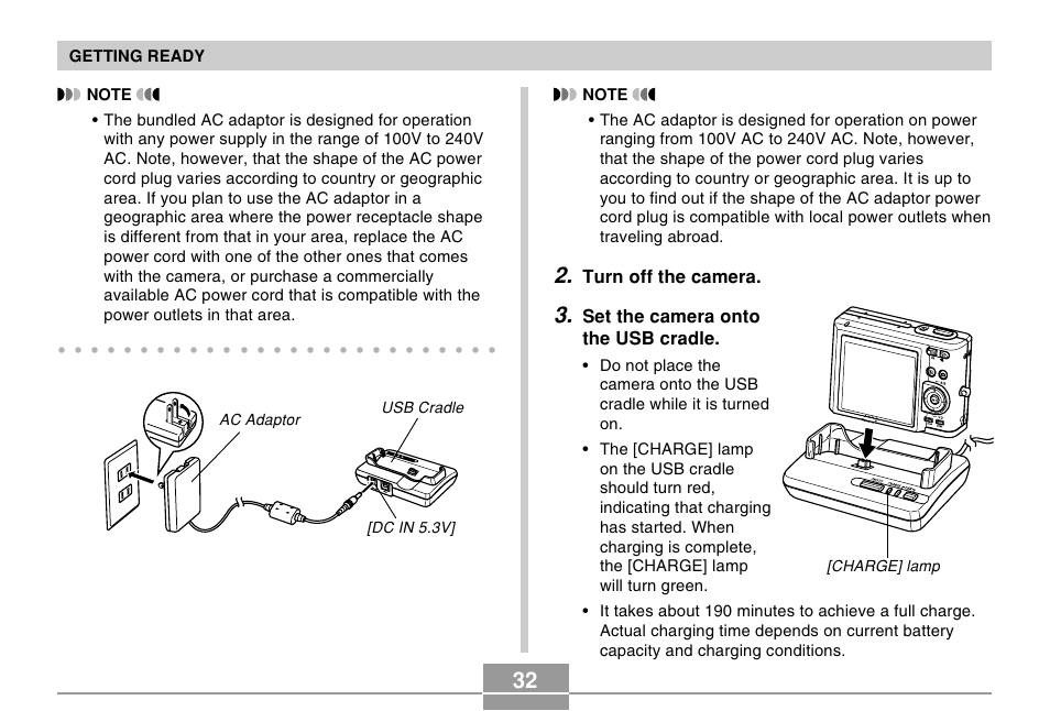 Turn off the camera, Set the camera onto the usb cradle, Getting ready | Ac adaptor [dc in 5.3v] usb cradle | Casio EX-Z57 User Manual | Page 32 / 214