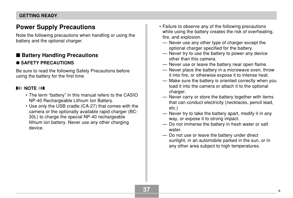 Power supply precautions, 37 power supply precautions | Casio EX-Z57 User Manual | Page 37 / 214