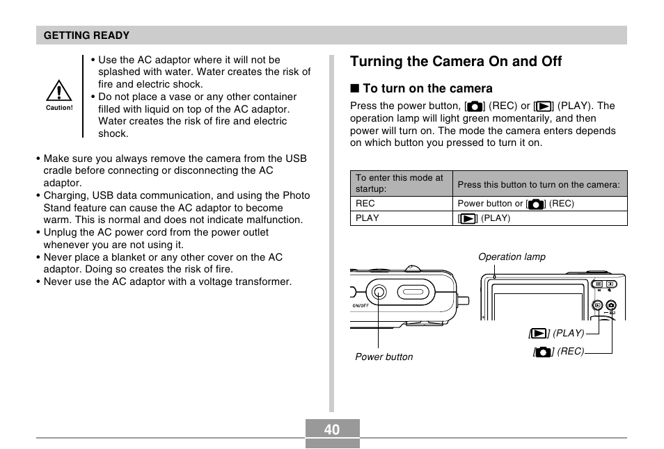 Turning the camera on and off | Casio EX-Z57 User Manual | Page 40 / 214