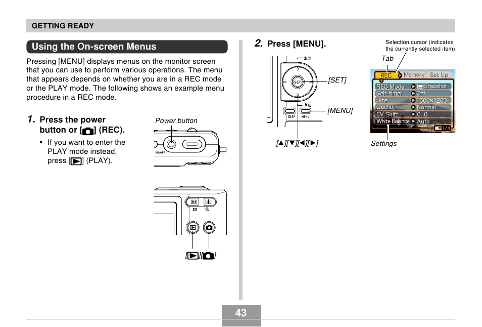 Using the on-screen menus | Casio EX-Z57 User Manual | Page 43 / 214