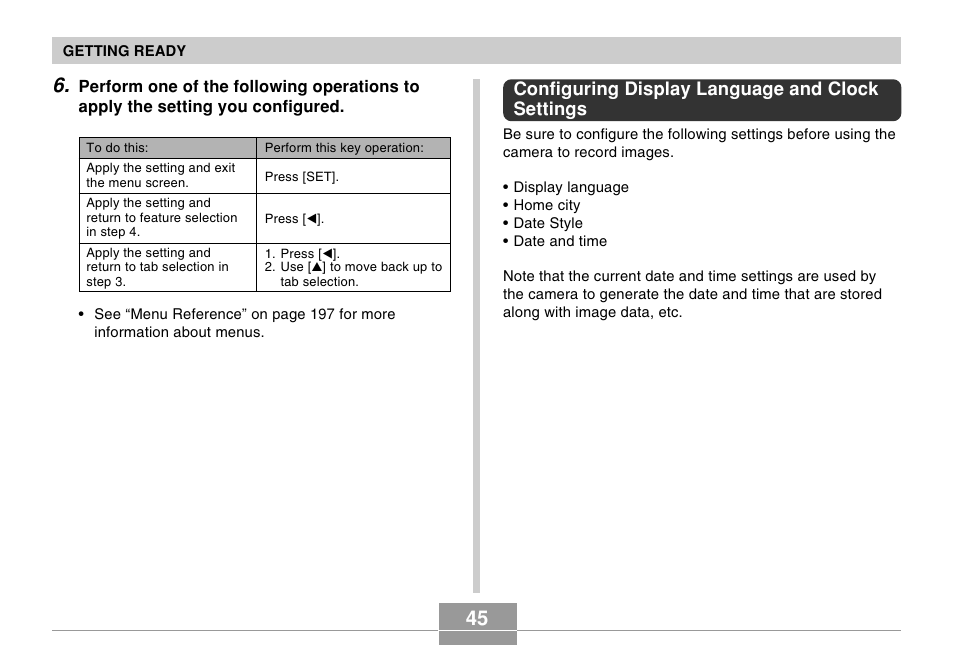 Configuring display language and clock settings | Casio EX-Z57 User Manual | Page 45 / 214