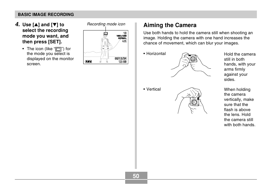 Aiming the camera | Casio EX-Z57 User Manual | Page 50 / 214