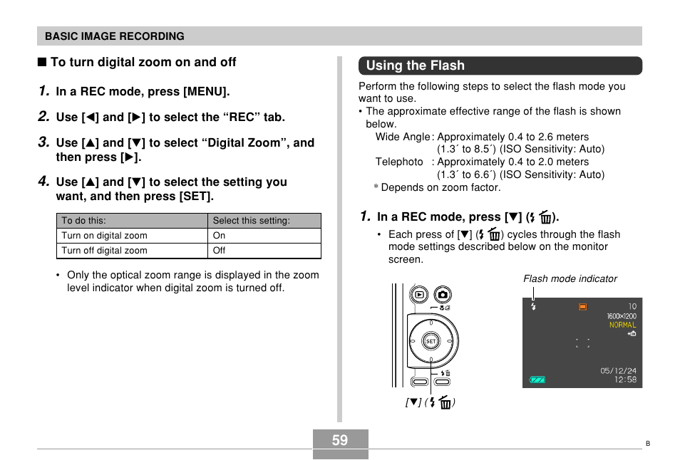 Using the flash | Casio EX-Z57 User Manual | Page 59 / 214