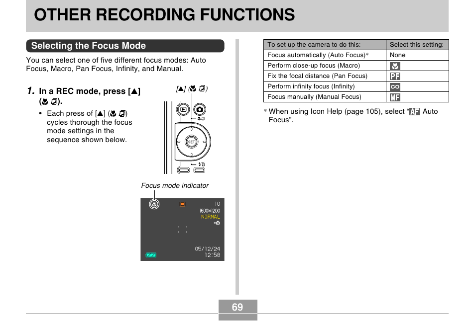 Other recording functions, Selecting the focus mode | Casio EX-Z57 User Manual | Page 69 / 214