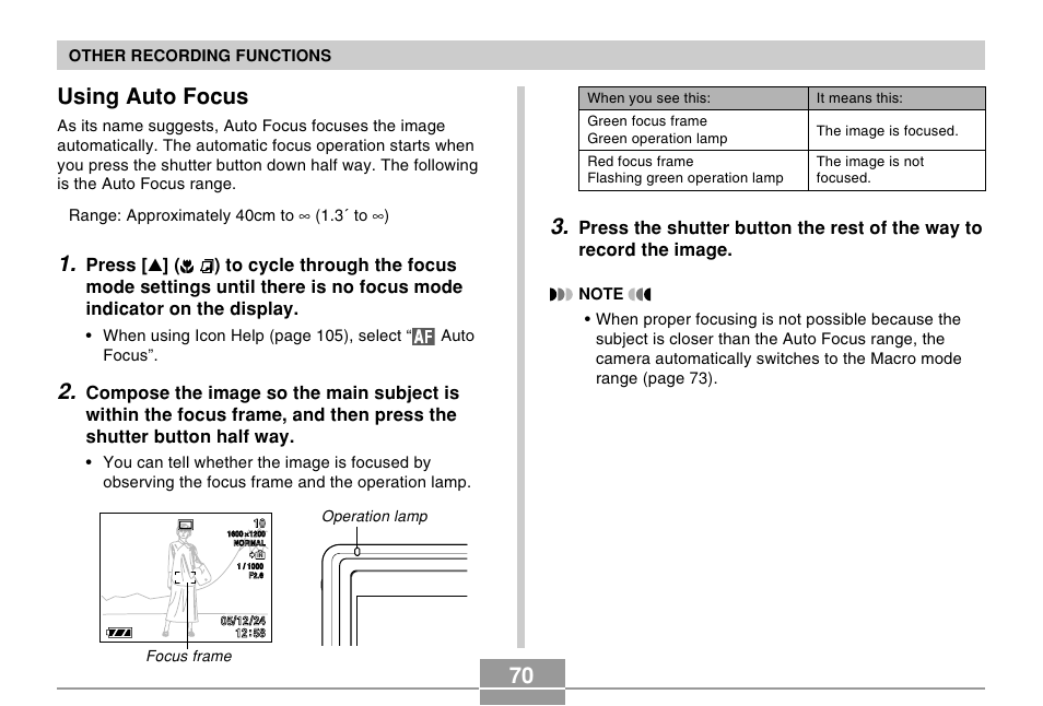 Using auto focus | Casio EX-Z57 User Manual | Page 70 / 214